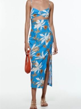 Zara Bright Blue Floral Cutout Midi Dress